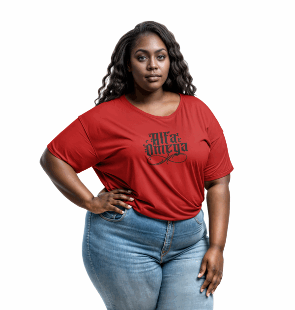 Camiseta Plus Size Feminina Vermelha Alfa e Ômega