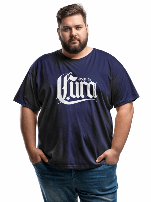 Camiseta Plus Size Masculina Azul Marinho Jesus Cura – Marcos 5:24-34