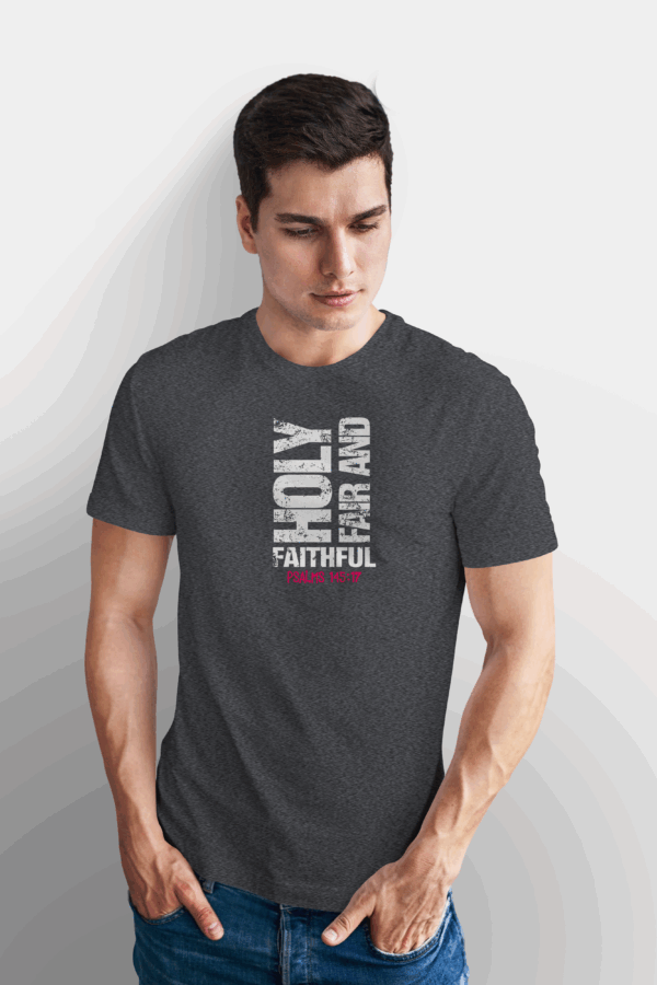 Camiseta Masculina Cinza Chumbo Holy fair and faithful – Psalms 145:17