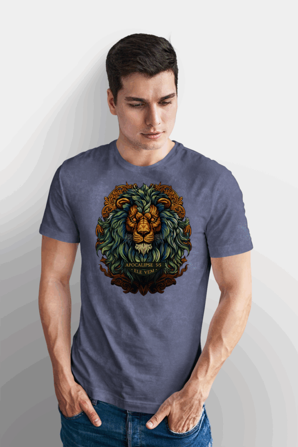 Camiseta Estonada Masculina Azul Ele vem - Apocalipse 5:5